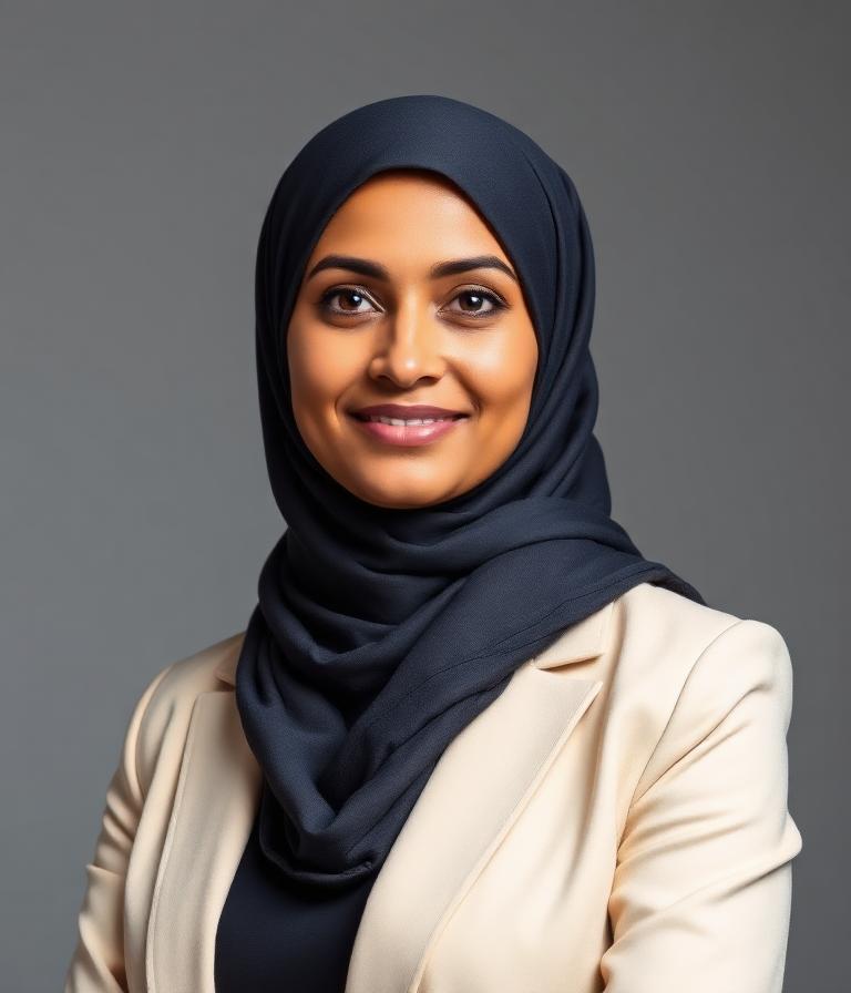 Portrait of Aisha Rahman, Hospitality Manager